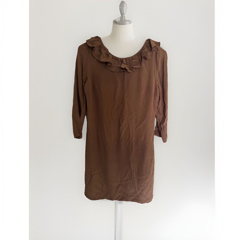 Tibi 100% Silk 3/4 Blouson Sleeve Ruffle Shift Dress Size 2 Brown